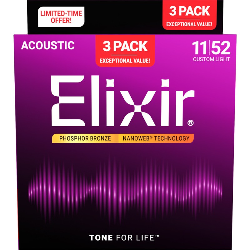 ELIXIR GITARA AKUSTIČNA 11-52 NANOWEB Phosphor Bronze 3 PACK ŽICE